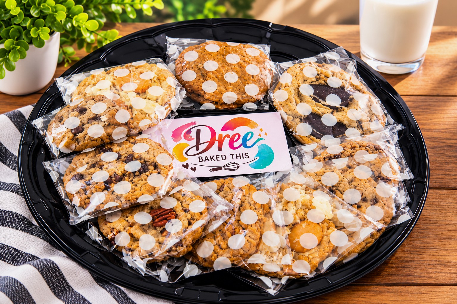 An assorted Dree Baked This cookie platter with the colorful bakery logo